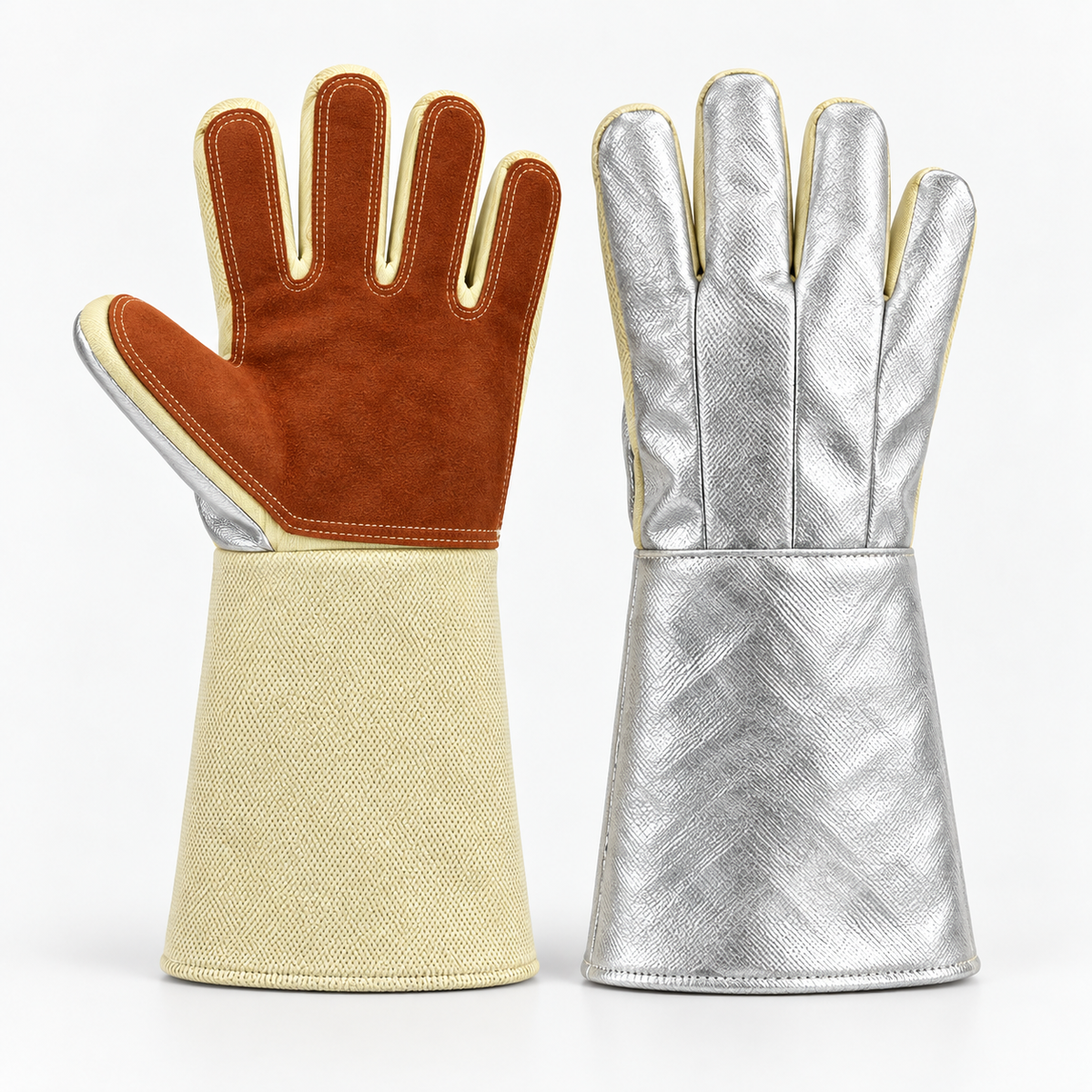 Thermelta Aluminized Heat Resistant Gloves with Leather Palm & Extended Gauntlet Cuff