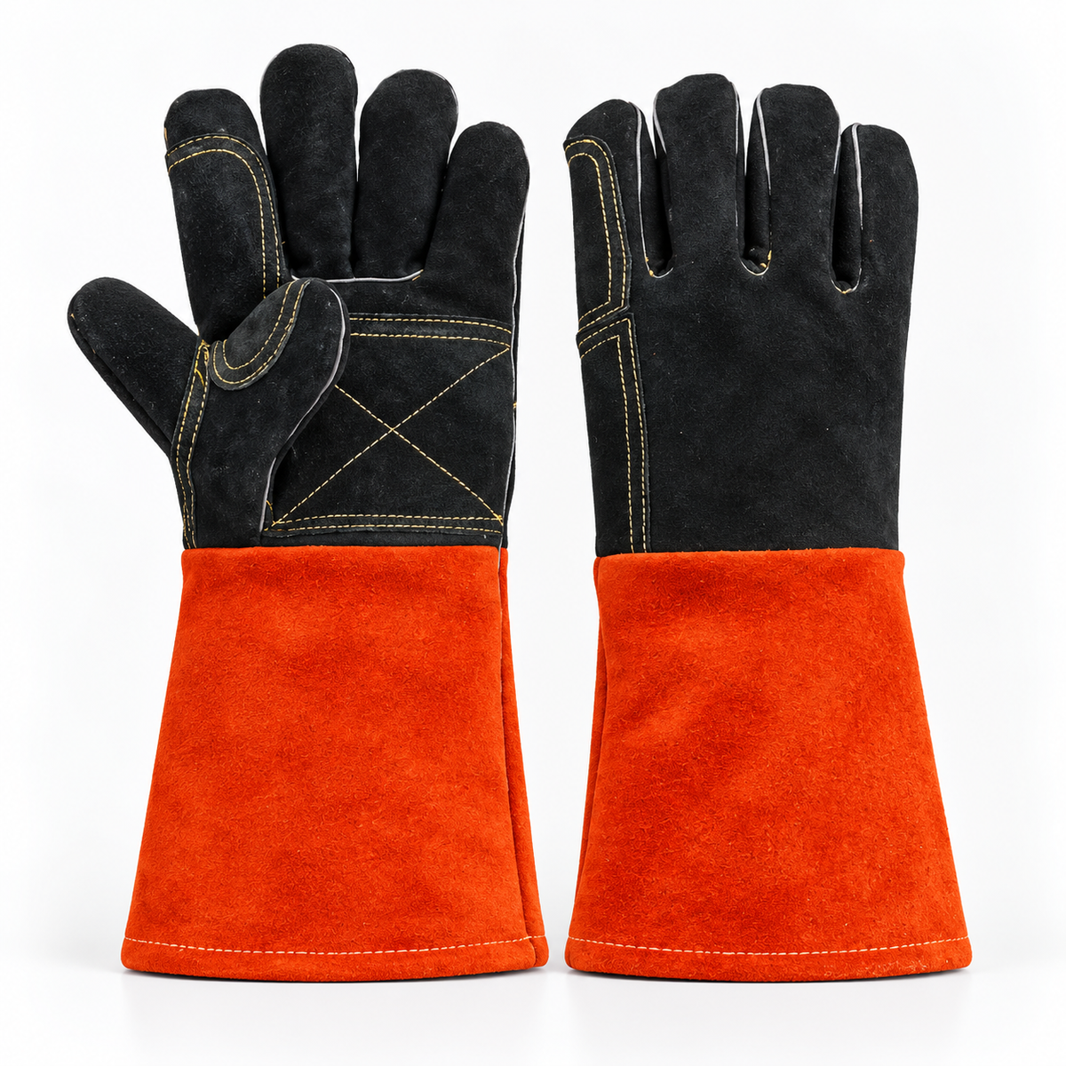Premium Black Leather Welding Gloves with Orange Split Leather Gauntlet Cuff